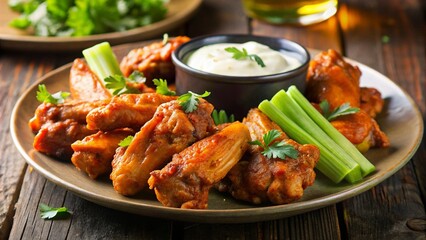 Fototapeta premium A plate of spicy buffalo wings, perfectly coated in a vibrant, tangy sauce, served alongside crisp celery sticks and a creamy ranch dip. The rich, fiery color of the wings contrasts with the fresh.