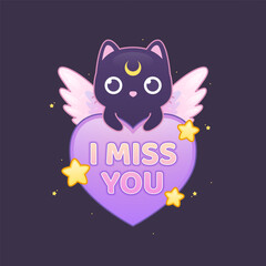 cute winged cat holding i miss you heart illustration