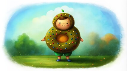 Obraz premium A Child Dressed as a Sprinkled Donut Standing in a Grassy Field