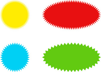 Different color starburst sunburst badges shapes, sticker set. Collection of special offer sale oval and round shaped sunburst labels and badges. Promo stickers with star edges.