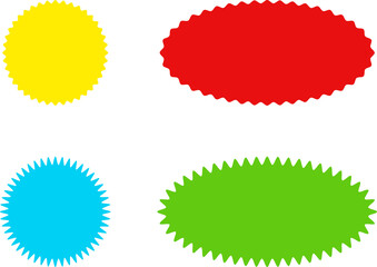 Different color starburst sunburst badges shapes, sticker set. Collection of special offer sale oval and round shaped sunburst labels and badges. Promo stickers with star edges.