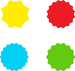 Different color starburst sunburst badges shapes, sticker set. Collection of special offer sale oval and round shaped sunburst labels and badges. Promo stickers with star edges.