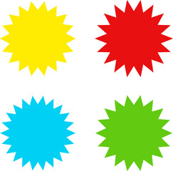 Different color starburst sunburst badges shapes, sticker set. Collection of special offer sale oval and round shaped sunburst labels and badges. Promo stickers with star edges.