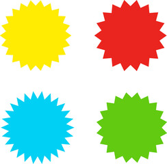 Different color starburst sunburst badges shapes, sticker set. Collection of special offer sale oval and round shaped sunburst labels and badges. Promo stickers with star edges.