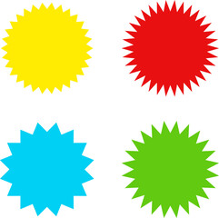 Different color starburst sunburst badges shapes, sticker set. Collection of special offer sale oval and round shaped sunburst labels and badges. Promo stickers with star edges.