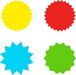 Different color starburst sunburst badges shapes, sticker set. Collection of special offer sale oval and round shaped sunburst labels and badges. Promo stickers with star edges.