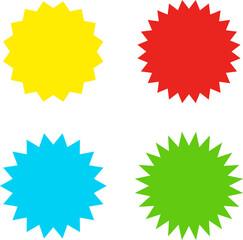 Different color starburst sunburst badges shapes, sticker set. Collection of special offer sale oval and round shaped sunburst labels and badges. Promo stickers with star edges.