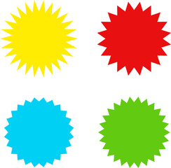 Different color starburst sunburst badges shapes, sticker set. Collection of special offer sale oval and round shaped sunburst labels and badges. Promo stickers with star edges.