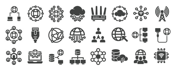 Networking internet solid icons collection. Containing wireless, communication, connection, online etc icons. For website marketing design, logo, app, template, ui, etc. Vector illustration.