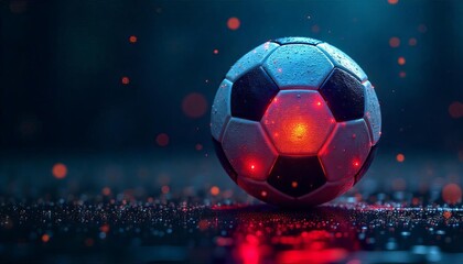 Fototapeta premium Soccer Ball in Vibrant Light Waves on Dark Background