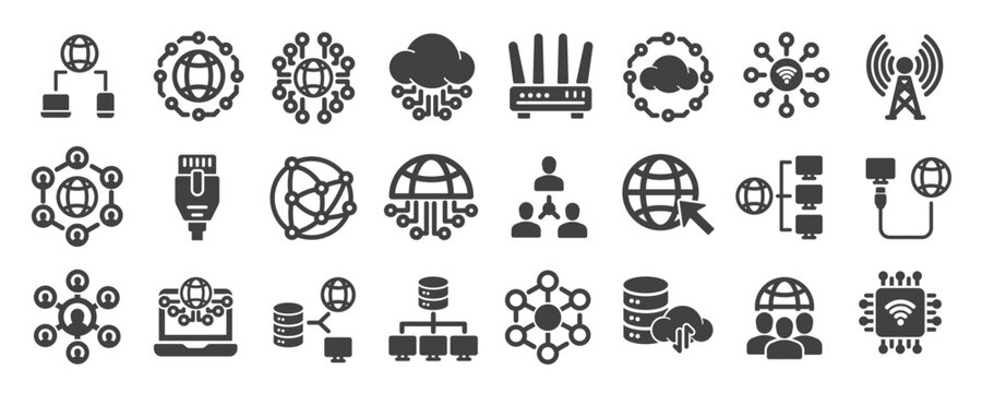 Networking internet solid icons collection. Containing wireless, communication, connection, online etc icons. For website marketing design, logo, app, template, ui, etc. Vector illustration.