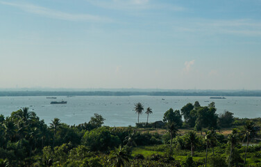 View of a serene Mekong river with small boats and lush greenery under a clear blue sky. A river landscape features numerous boats navigating the calm waters, surrounded by lush green vegetation