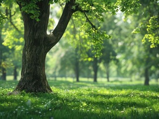 Obraz premium tree in the park,blurred of green natural tree in park background,copy space,environment day or freedom concept,calmness, peace, natural harmony, ecofriendly. generative AI,nature's beauty.