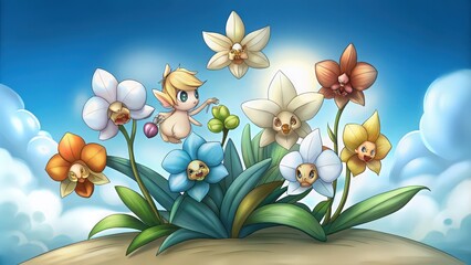 Obraz premium A Tiny Fairy Flying Among Anthropomorphic Orchid Flowers
