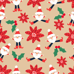 Winter holiday seamless pattern.  Santa Claus, snowflakes, Christmas foliage. Festive season repeating print. Perfect for wrapping, packaging, stationery, festive decor, crafts, textiles.