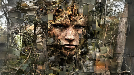 Fototapeta premium Abstract portrait of a person, made of nature elements, with an intense expression.