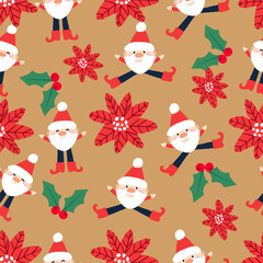 Winter holiday seamless pattern.  Santa Claus, snowflakes, Christmas foliage. Festive season repeating print. Perfect for wrapping, packaging, stationery, festive decor, crafts, textiles.