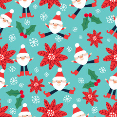Winter holiday seamless pattern.  Santa Claus, snowflakes, Christmas foliage. Festive season repeating print. Perfect for wrapping, packaging, stationery, festive decor, crafts, textiles.
