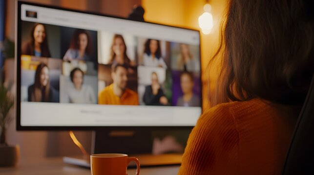 An employee participating in a virtual meeting, and a coffee cup beside 