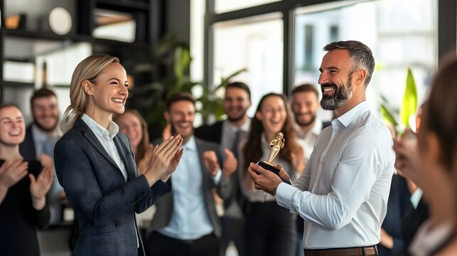 A manager presenting an award to an employee in front of a cheering team