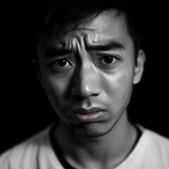 Obraz premium Sad crying worried asian male close-up portrait black and White