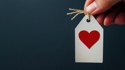 A hand holds a tag with a red heart, symbolizing love and affection against a dark background.