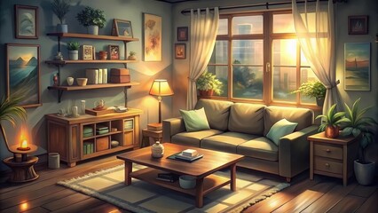 Obraz premium A cozy living room with a couch, coffee table, and warm lighting