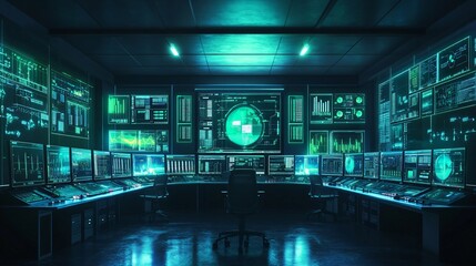 Futuristic Control Room with Green Screens and Monitors