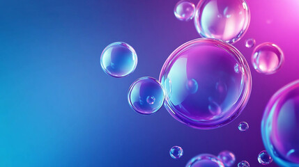 Colorful soap bubbles floating softly against a vibrant blue and purple background