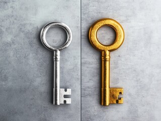 Two decorative keys, one silver and one gold, resting on a textured surface, showcasing contrasting designs and materials.