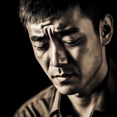 Sad depressed unhappy emotional asian male man close-up sadness portrait 