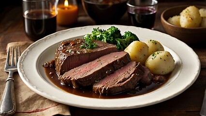 Traditional braised marinated German Sauerbraten dish from beef with spicy brown sauce