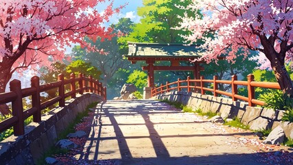 Obraz premium Serene Japanese Garden Pathway in Vibrant Anime Style