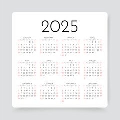 2025 year calendar. Calender grid template. Week starts Sunday. Yearly Organizer with 12 months. Scheduler layout in square simple design in English. Vector illustration.