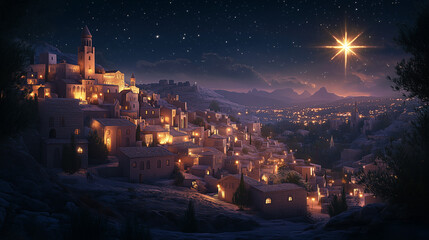 Star shining over Bethlehem village at night during Christmas
