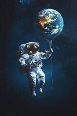 Fototapeta premium A poster of an astronaut floating in space holding a balloon shaped like Earth