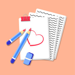 heart shaped note on paper and pencil