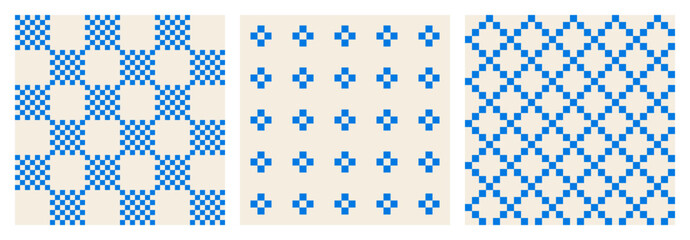 Set of abstract pixel blue patterns of chessboard, crosses and rhombuses on light background, flat style