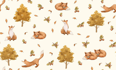 Autumn watercolor seamless pattern featuring golden trees, playful foxes, falling leaves, and acorns on a white background.
