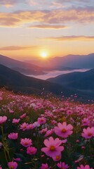 Obraz premium Flower Field, Flowers with Sunset, Photo Realistic, Landscape, Nature, Wallpaper, Cover and Screen for Smartphone, PC, Laptop, 9:16 and 16:9 Format