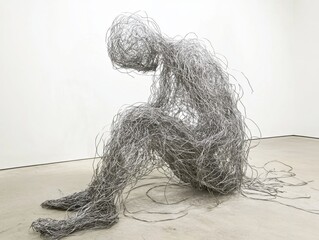 A wire sculpture of a seated figure conveys themes of emotion, isolation, and introspection through its intricate, tangled form.