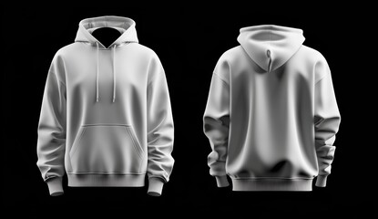 Stylish unisex white hoodie displayed from front and back on a dark background.