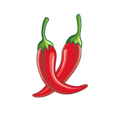 Vector illustration design of two red chili peppers with green stems, symbolizing hot and delicious taste. Perfect for culinary, food or spicy themes, bringing freshness and spicy taste.