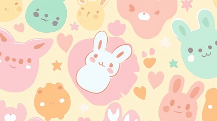 Cute cartoon animals and pastel hearts create an adorable pattern on a sunny pastel background in a playful design