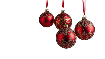 Four red Christmas baubles hanging in a row, on white background, PNG, transparent, no background, Christmas toys, Christmas tree balls