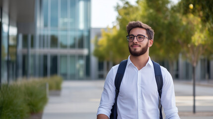 Obraz premium young man with glasses walks confidently through modern campus, showcasing blend of style and professionalism. greenery and architecture create vibrant atmosphere.