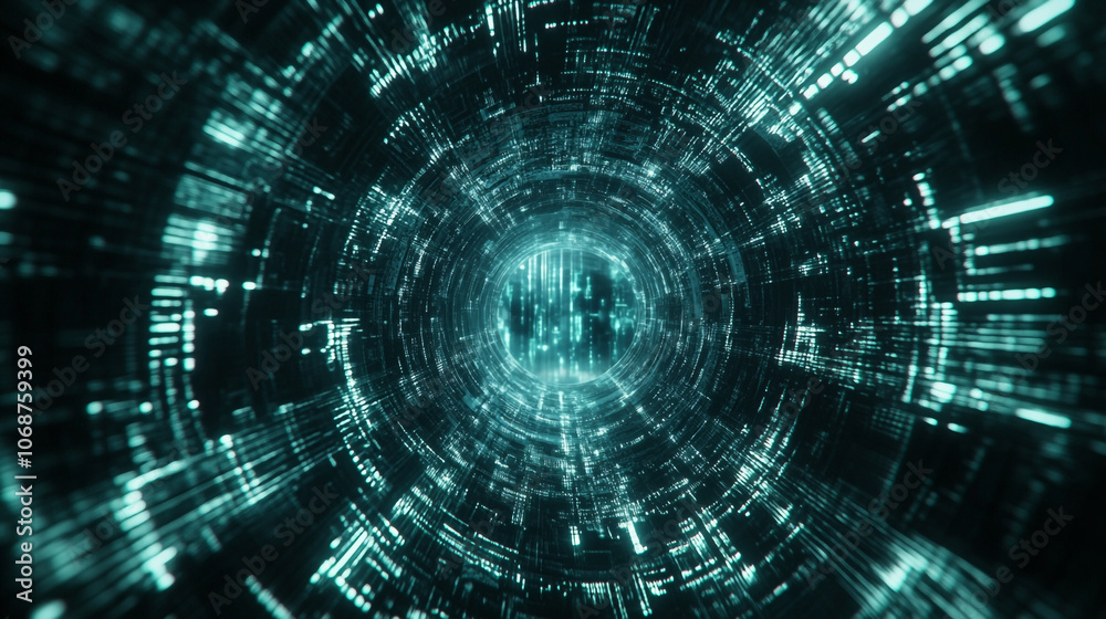Fototapete A digital tunnel of colorful data streams flowing in a futuristic technology environment