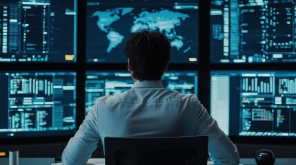 A focused individual analyzes data on multiple screens in a high-tech control room, showcasing a modern approach to information management.