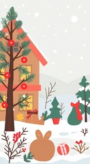 Snowy Winter Wonderland with a Cozy House and a Festive Tree.