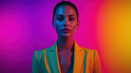 A confident individual stands before vibrant purple and orange backgrounds, showcasing a striking yellow outfit and a bold expression.